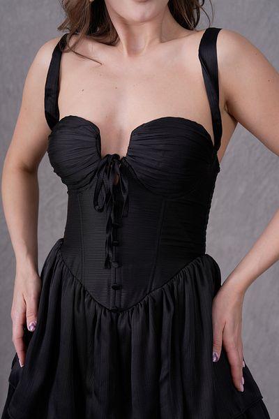 WOMAN VISION Țesătură din satin strălucitor, cu căptușeală la piept, decolteat, cu spate, fustă cu spate, tăiat în podea, rochie neagră din satin 168