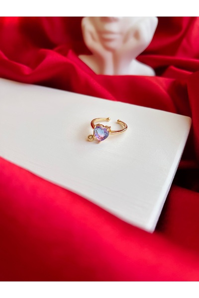 Butik Mor Yansımalı Kalp Sarkıt Gold Ayarlanabilir Çelik Yüzük