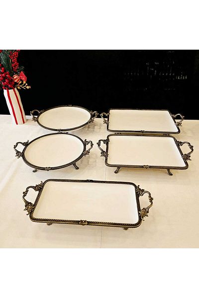 MaviDamla Cast Iron Framed Leg - Porcelain Presentation Set 5 Pieces Gold Eskiğme