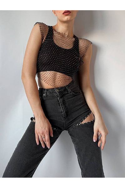 Edit by Trendyol Black Super Crop Stone Bustier Tedss25Bs00002