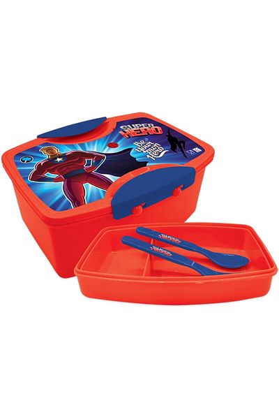 Generic Super Hero Plastic Lunch Box with Fork and Spoon, Red