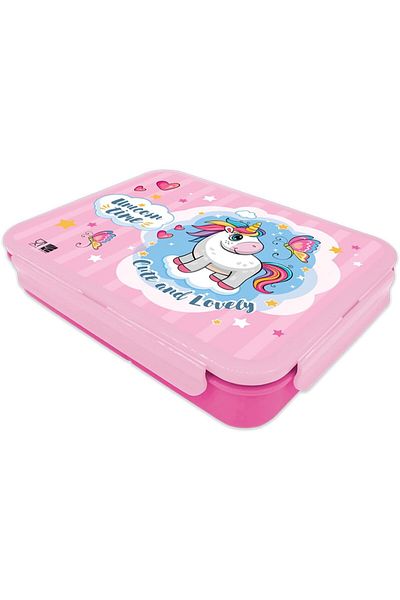 Generic Unicorn Kids Plastic Lunch Box with 3 Compartments, Pink