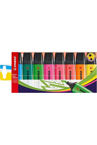 Stabilo Highlighter Packet 8 Colors - Wedged Tip, 2mm & 5mm Line Widths - Fluorescent Colors - Refil