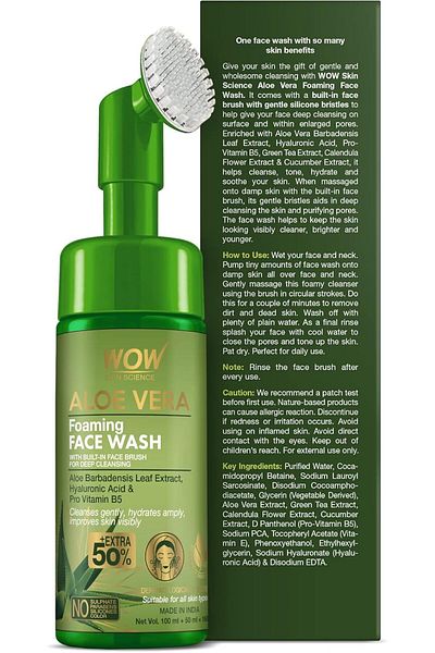 WOW Skin Science Foaming Aloe Vera Face Wash for Pimples, Dry & Oily Skin. No Parabens, Sulfate, Sil