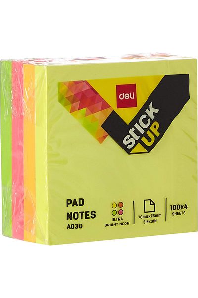 Deli A030 Bright Neon Sticky Notes Pad, Multicolor, 1 Pad (4 colors X 100)