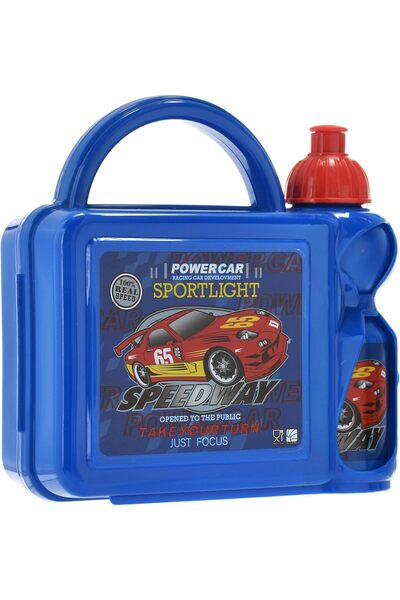 Generic Plastic Race Car Printed Design Lunch Box and Water Bottle Set for Kids, Blue