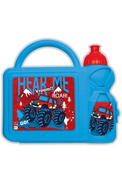 Generic Plastic Car Printed Design Lunch Box and Water Bottle Set for Kids, Light Blue