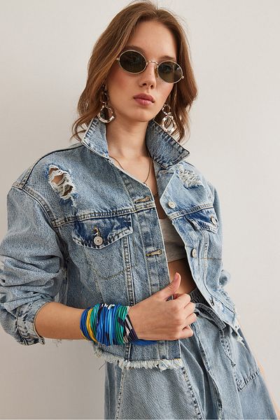 Olalook Jachetă de denim ruptă cu laser albastru pentru femei CKT- 19000429