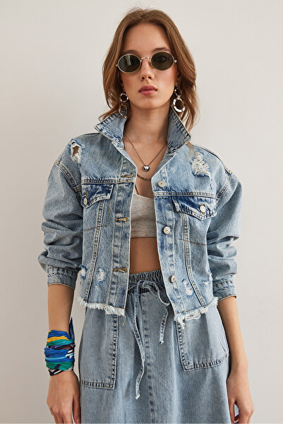 Olalook Dámská modrá laserová roztrhaná džínová bunda CKT- 19000429