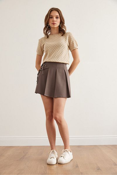 Olalook Women's Mink Side Lace Detailed Pleated Zippered Mini Skirt Etk- 19000304