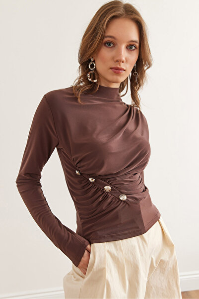 Olalook Γυναικεία καφέ ντραπέ με λεπτομέρεια με κουμπιά στη μέση, άμμο μπλούζα BLZ- 19002879