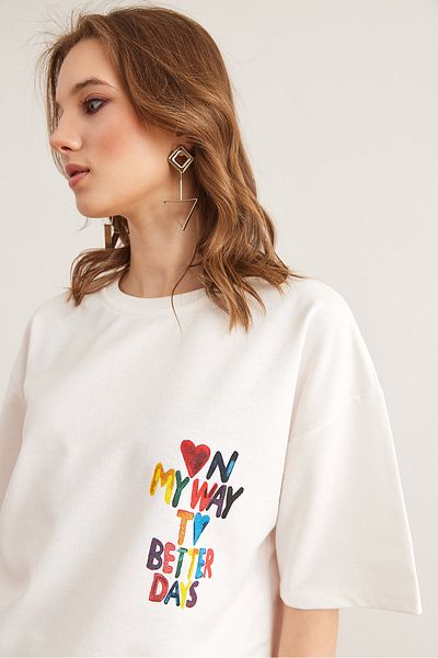 Olalook Tricou oversize unisex cu 2 fire imprimat cu inimă albă față spate TSH- 19000696