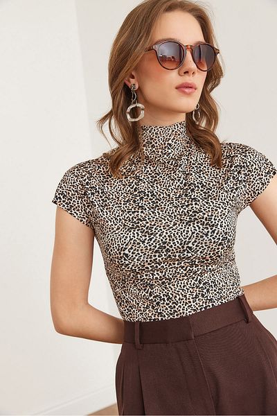 Olalook Γυναικεία Leopard Stone Stand-up γιακά Νυχτερίδα Crop Micro Μπλούζα BLZ- 19002873