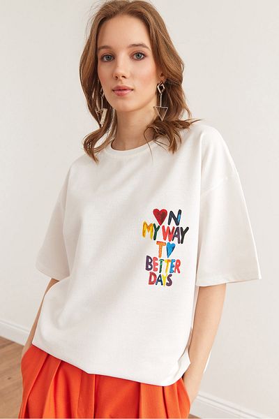 Olalook Tricou oversize unisex cu 2 fire imprimat cu inimă albă față spate TSH- 19000696