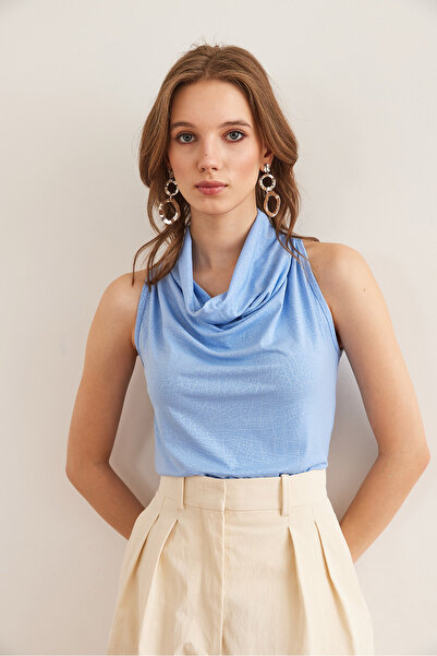 Olalook Women's Patterned Blue Buttoned Back Blouse Blz- 19002833