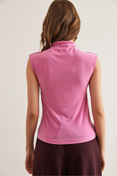 Olalook Γυναικεία ροζ ντραπέ με λεπτομέρεια με κουμπιά στη μέση, άμμο μπλούζα BLZ- 19002880