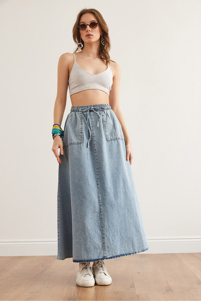 Olalook Női kék zsebes fűzős maxi farmerszoknya ETK- 19000302