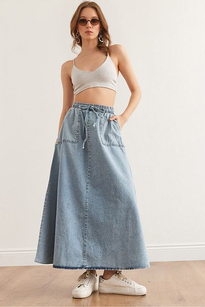 Olalook Blauer Maxi-Jeansrock mit Taschen und Schnürung für Damen ETK- 19000302