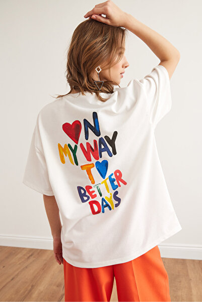 Olalook Γυναικεία λευκή καρδιά μπροστά πίσω με στάμπα 2 κλωστών Unisex Oversize Tshirt TSH- 19000696