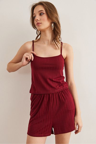 Olalook Damen Burgunder Oberteil, Hosenträgerbluse, Unterhose, Shorts, Pyjama-Anzug PJM- 00000021