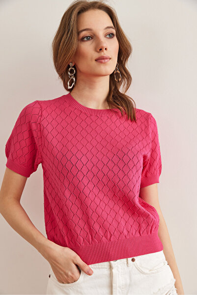 Olalook Γυναικεία φούξια διαμάντι με διάτρητη κοντομάνικη πλεκτή μπλούζα BLZ- 19002883