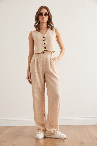 Olalook Women's Stone Top Vest Bottom Pocket Trousers Linen Look Suit Tkm- 19000359
