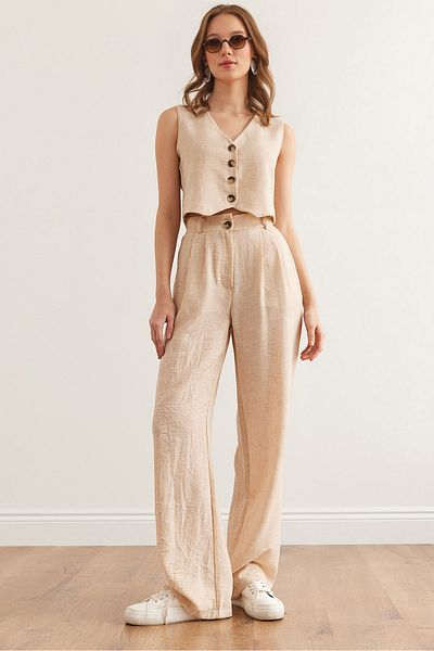 Olalook Women's Stone Top Vest Bottom Pocket Trousers Linen Look Suit Tkm- 19000359