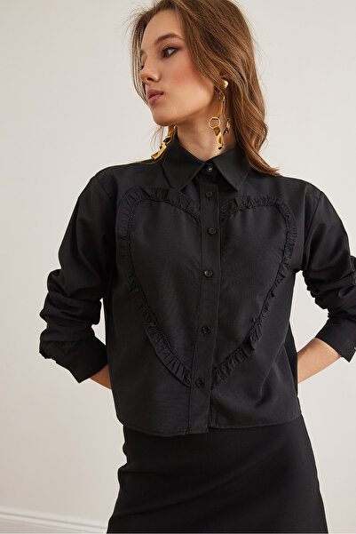 Olalook Kadın Siyah Kalp Detaylı Dokuma Crop Gömlek GML-19001302