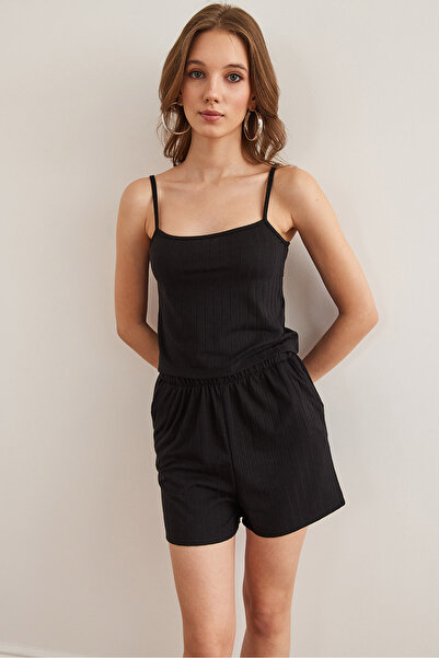 Olalook Női fekete felső pántos blúz alsó zseb rövidnadrág pizsama öltöny PJM- 00000021