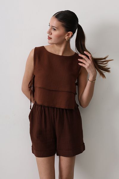 Trendyol Collection Καφέ Πλαϊνό δέσιμο με λαιμόκοψη Λεπτομερής υφαντή μπλούζα TWOSS25BZ00166