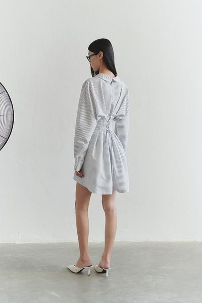 Trendyol Collection Μίνι υφαντό φόρεμα τετράγωνο Six Limited Edition Γκρι-Λευκό Ποπλίνα