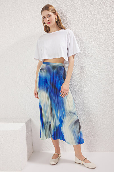 Trendyol Collection Kék nyakkendőfesték mintás redőzött Midi hosszúságú szőtt szoknya TWOSS25ET00167