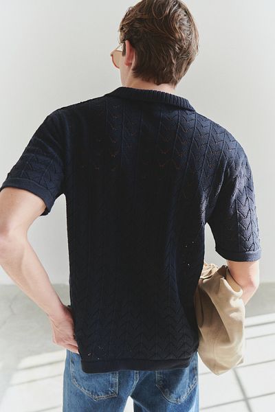 Kolekcia Trendyol Námornícke modré tričko Polo Neck s prelamovaným úpletom - TMNSS25PO00026