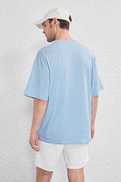 Trendyol Collection Μπλουζάκια Μπλε-Ανθρακί Oversize/Wide Cut 2 Πακέτο εμπριμέ-απλό 100% βαμβάκι TMNSS25TS00212