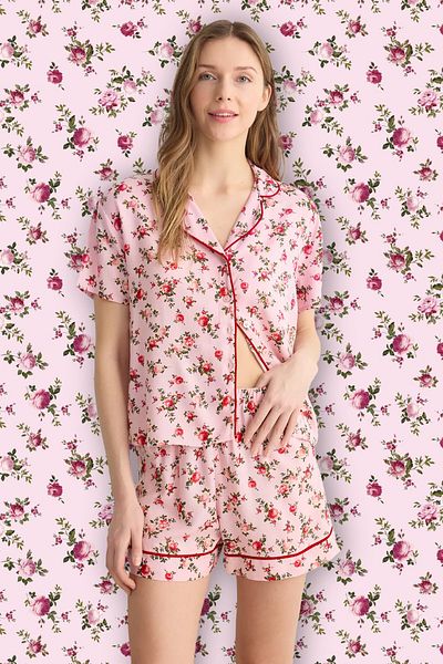 Trendyol Collection Colorful Floral Print Viscose Pajama Set - Powder Thmss25Pt00043