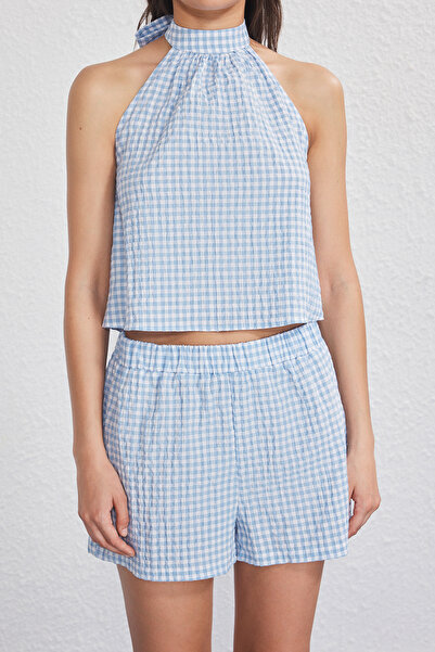 Trendyol Collection Blue Plaid Beach Blouse and Shorts Set Tbess25Au00074