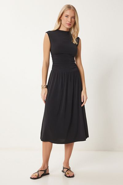 Happiness İstanbul Women's Black Gathered Midi Sandy Dress Ub00320