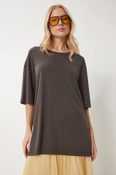 Happiness İstanbul Γυναικείο μπλουζάκι καφέ Oversize Basic Modal UB00323