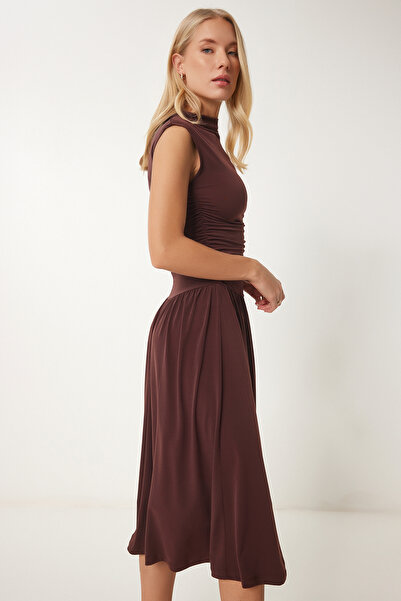 Happiness İstanbul Γυναικείο Καφέ Μίντι Άμμο Φόρεμα με Κορδόνι UB00320