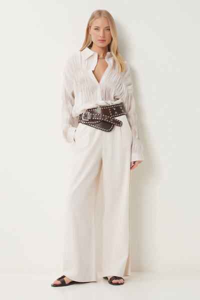 Happiness İstanbul Női krémszínű, húzózsinóros szőtt ing DP00234