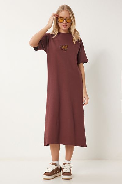 Happiness İstanbul Braunes besticktes Sommer-Strickkleid für Damen CR00467