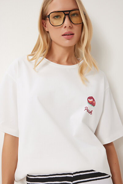 Happiness İstanbul Ecru bedrucktes Oversize-Strick-T-Shirt aus Baumwolle für Damen CR00466