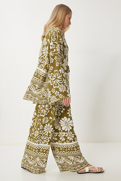 Happiness İstanbul Dámská olivově zelená krémová letní tunika kalhotový kostým RG00050