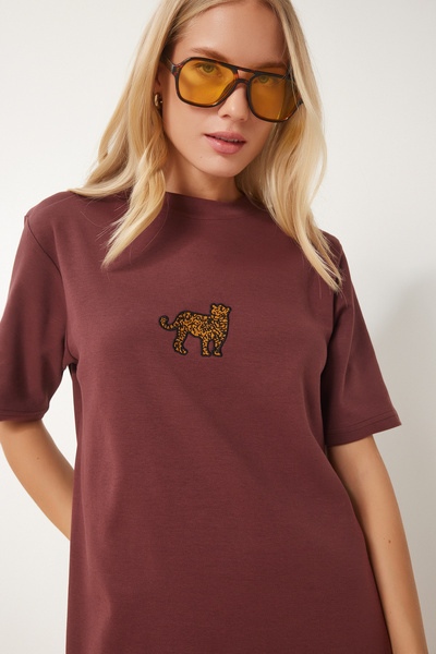 Happiness İstanbul Γυναικείο Καφέ Κεντημένο Καλοκαιρινό Πλεκτό Φόρεμα CR00467