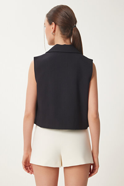 Happiness İstanbul Dámská černá stylová plátěná vesta na knoflíky KB00046