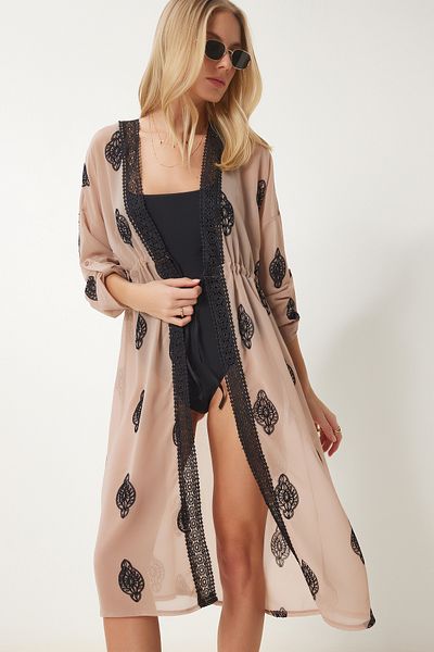 Happiness İstanbul Kimono din dantela bej - Sifon cu dungi brodate DJ00001
