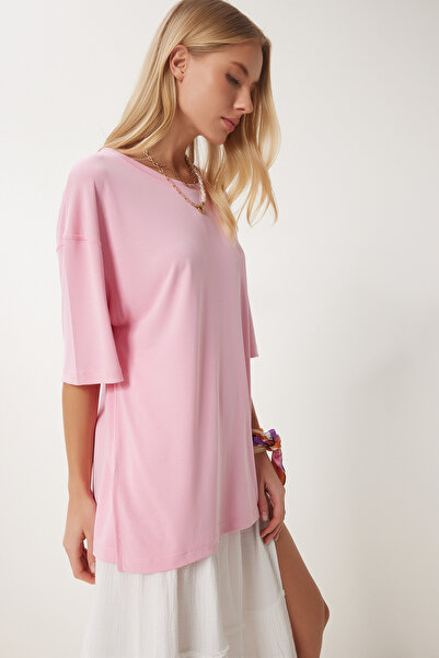 Happiness İstanbul Γυναικείο μπλουζάκι ροζ Oversize Basic Modal UB00323