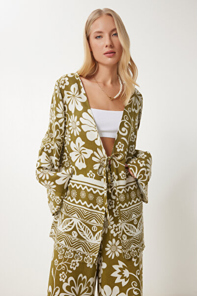 Happiness İstanbul Dámská olivově zelená krémová letní tunika kalhotový kostým RG00050