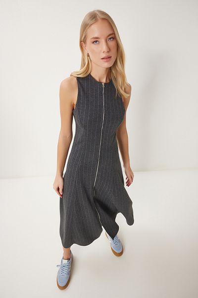 Happiness İstanbul Anthrazitfarbenes, schmal gestreiftes Midikleid für Damen WF00096