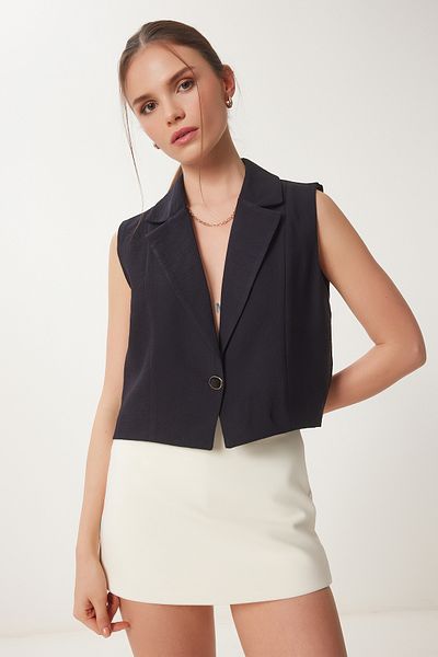 Happiness İstanbul Women's Black Stylish Buttoned Linen Vest Kb00046